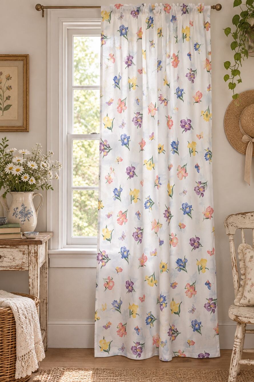 Vintage Floral Butterfly Curtain Panel 87x41 Cottagecore Pastel Botanical